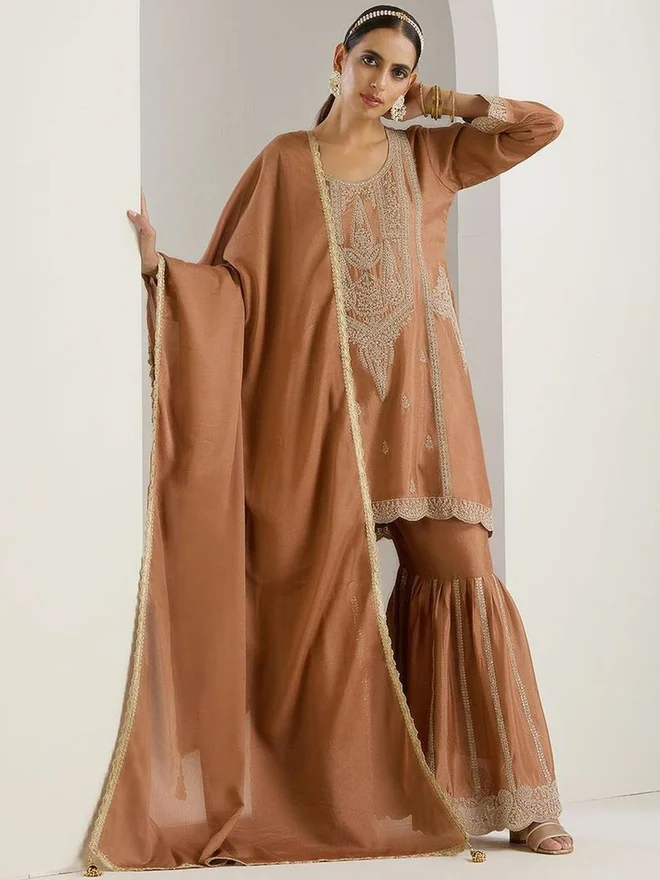 آي شين ISHIN 3-Piece Chinon Zari Embroidered Kurta, Sharara and Tassel Dupatta Set